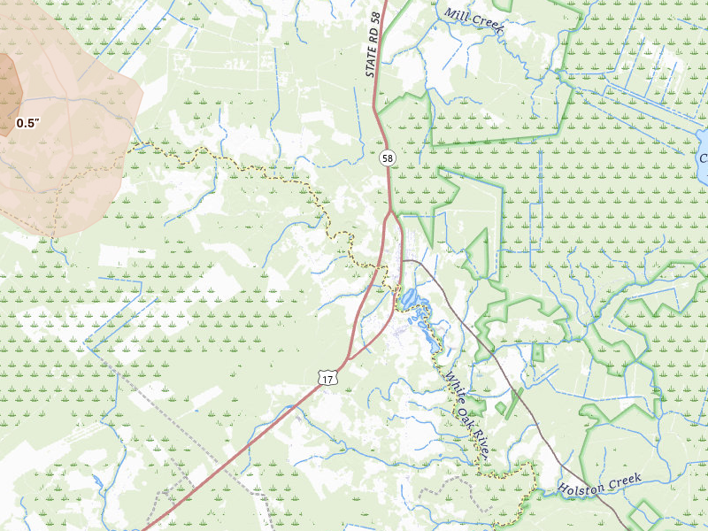 Radar-estimated hail-size map of the storm over Maysville, NC on Jul 8, 2026