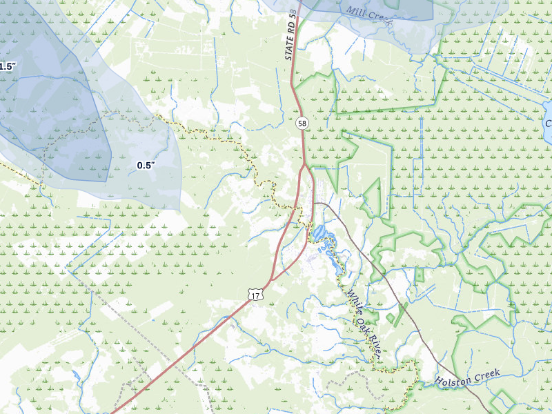 NEXRAD radar-signature map of the hail storm over Maysville, NC on Jul 8, 2026