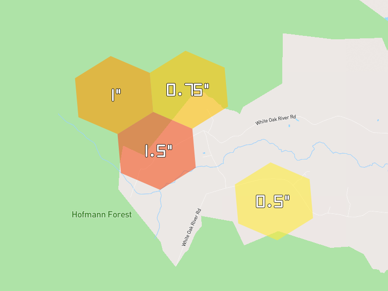 Hail map of Maysville, NC on Jul 8, 2026, hail up to 1.5"