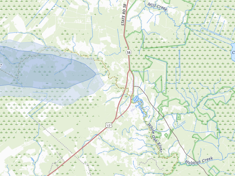 NEXRAD radar-signature map of the hail storm over Maysville, NC on Jul 10, 2026