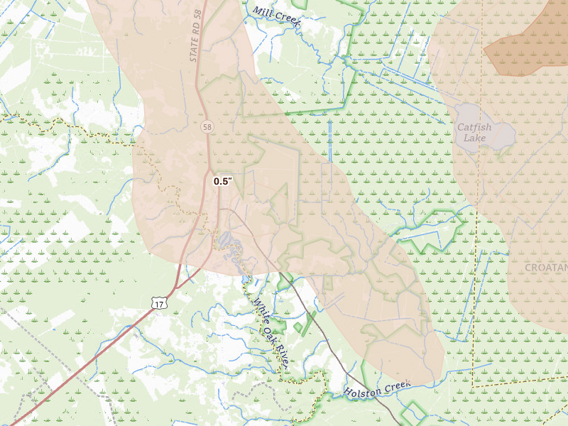 Radar-estimated hail-size map of the storm over Maysville, NC