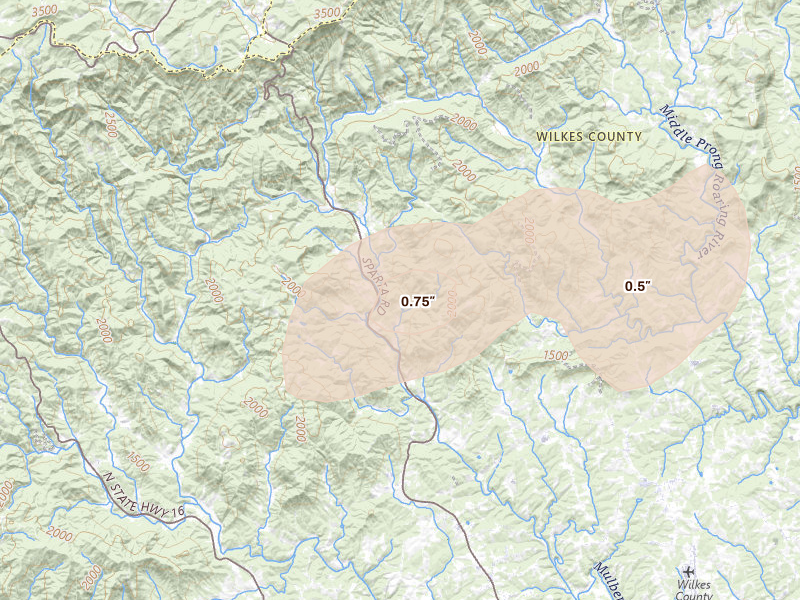 Radar-estimated hail-size map of the storm over Mc Grady, NC on Jun 18, 2026