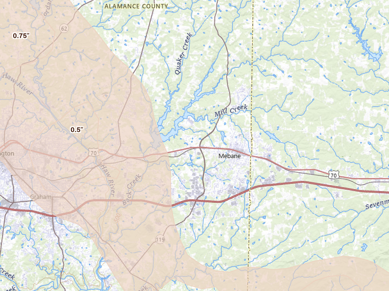 Radar-estimated hail-size map of the storm over Mebane, NC on Jul 28, 2026