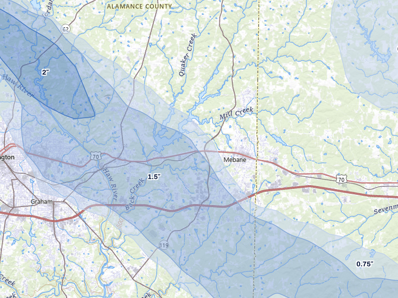 NEXRAD radar-signature map of the hail storm over Mebane, NC on Jul 28, 2026