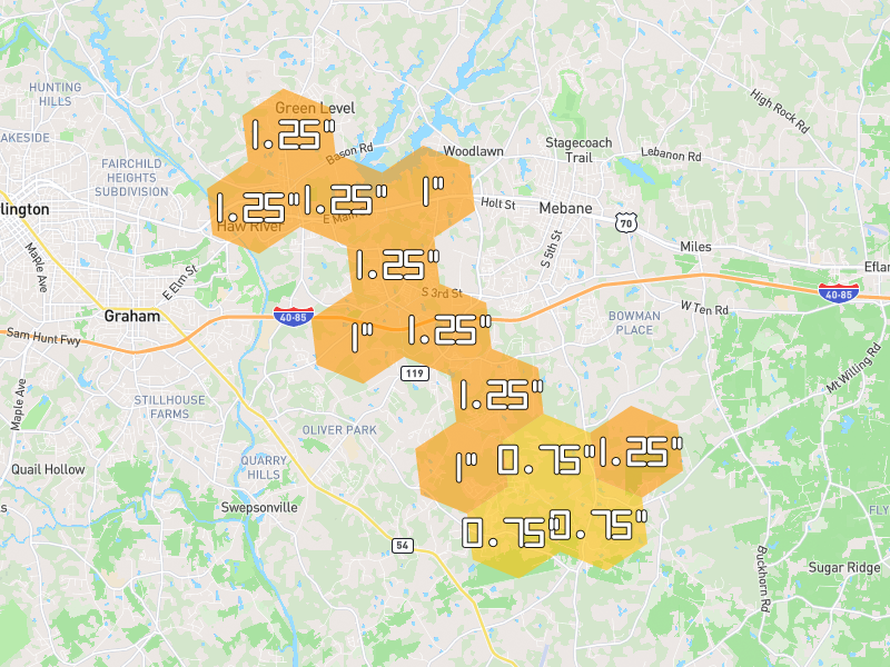 Hail map of Mebane, NC on Jul 28, 2026, hail up to 1.25"
