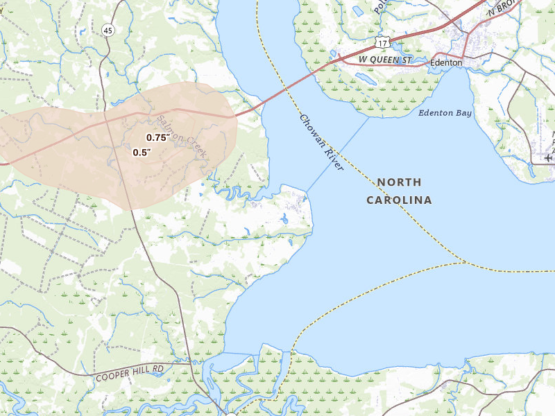 Radar-estimated hail-size map of the storm over Merry Hill, NC on Jun 27, 2026