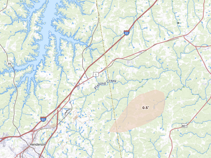 Radar-estimated hail-size map of the storm over Middleburg, NC on Jul 7, 2026