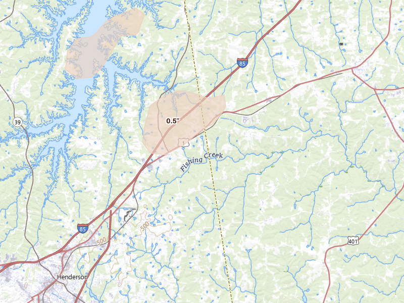 Radar-estimated hail-size map of the storm over Middleburg, NC on Jul 19, 2026