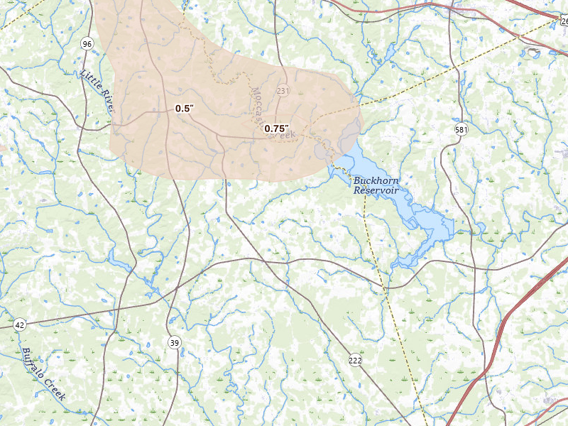 Radar-estimated hail-size map of the storm over Middlesex, NC on Jun 27, 2026