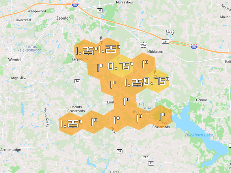 Hail map of Middlesex, NC on Jun 27, 2026, hail up to 1.25"