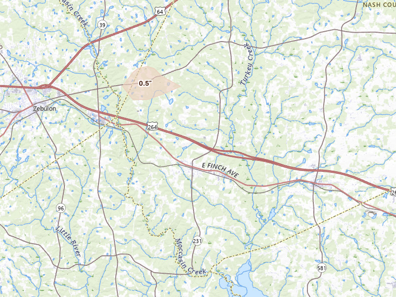 Radar-estimated hail-size map of the storm over Middlesex, NC on Jul 28, 2026