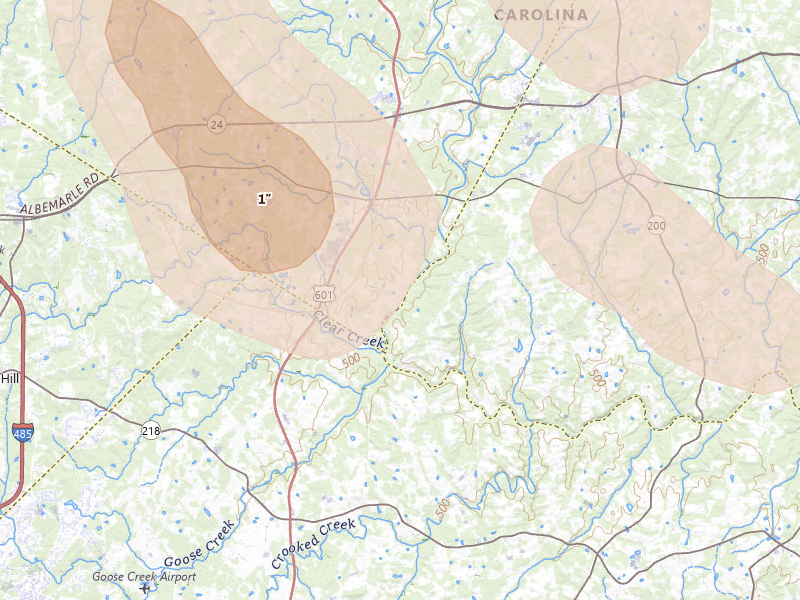Radar-estimated hail-size map of the storm over Midland, NC on Aug 11, 2026