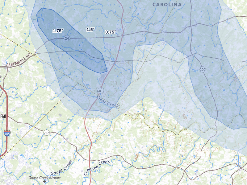 NEXRAD radar-signature map of the hail storm over Midland, NC on Aug 11, 2026