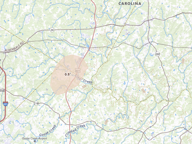 Radar-estimated hail-size map of the storm over Midland, NC on Aug 21, 2026