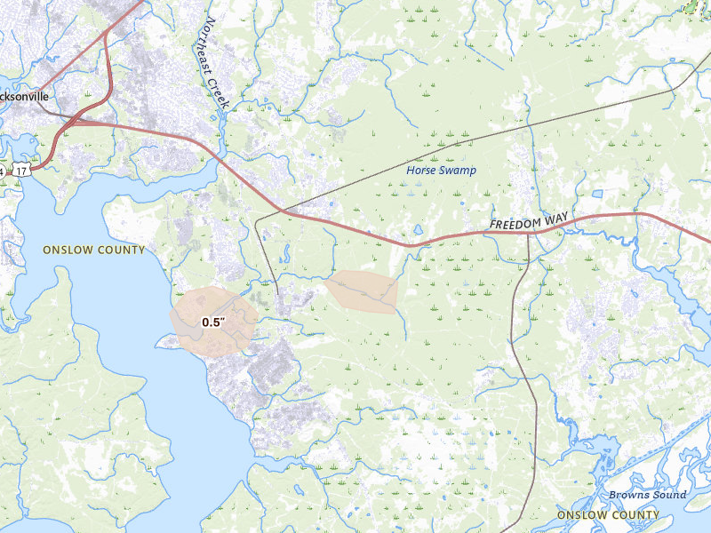 Radar-estimated hail-size map of the storm over Midway Park, NC on Jul 28, 2026