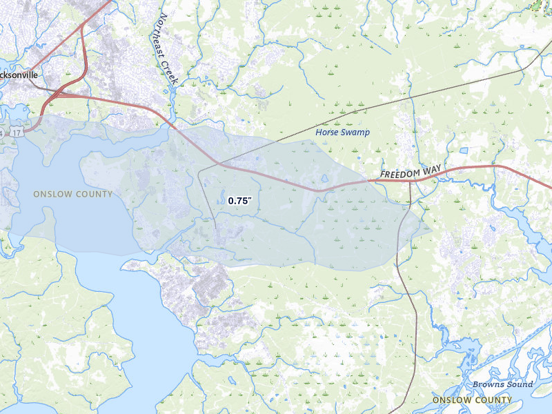 NEXRAD radar-signature map of the hail storm over Midway Park, NC on Jul 28, 2026