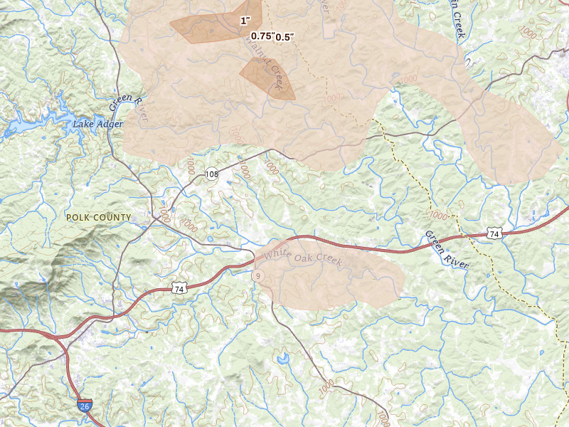 Radar-estimated hail-size map of the storm over Mill Spring, NC on Aug 20, 2026