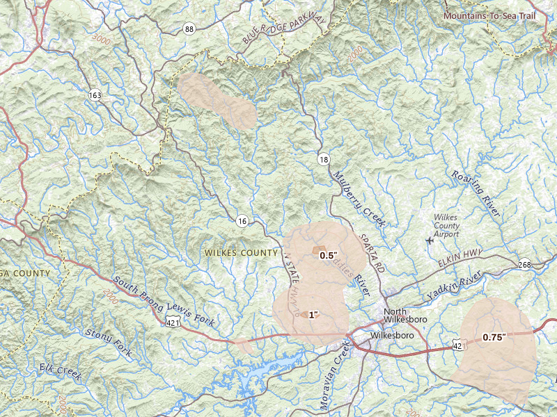 Radar-estimated hail-size map of the storm over Millers Creek, NC on Aug 11, 2026