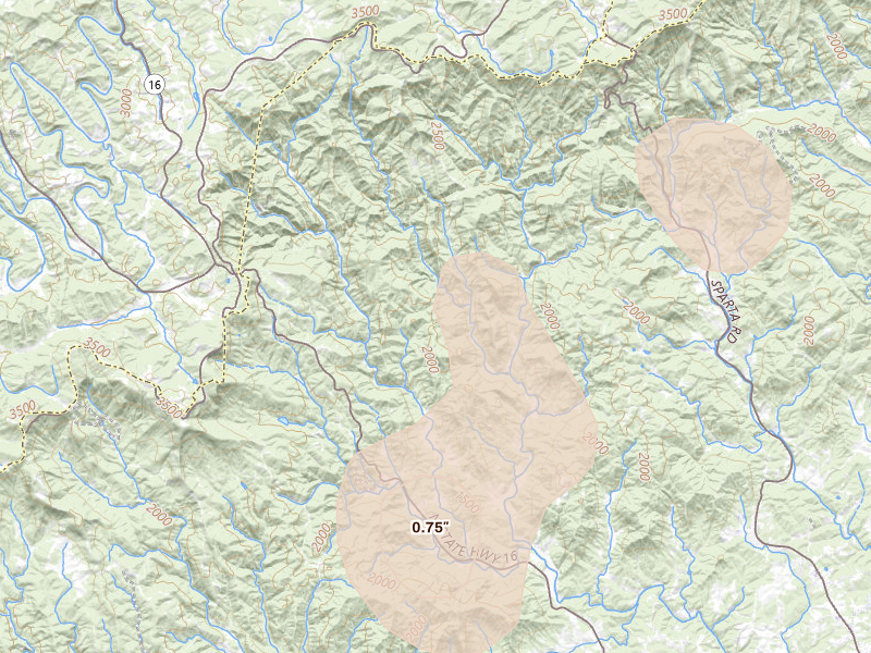 Radar-estimated hail-size map of the storm over Millers Creek, NC on Sep 4, 2026