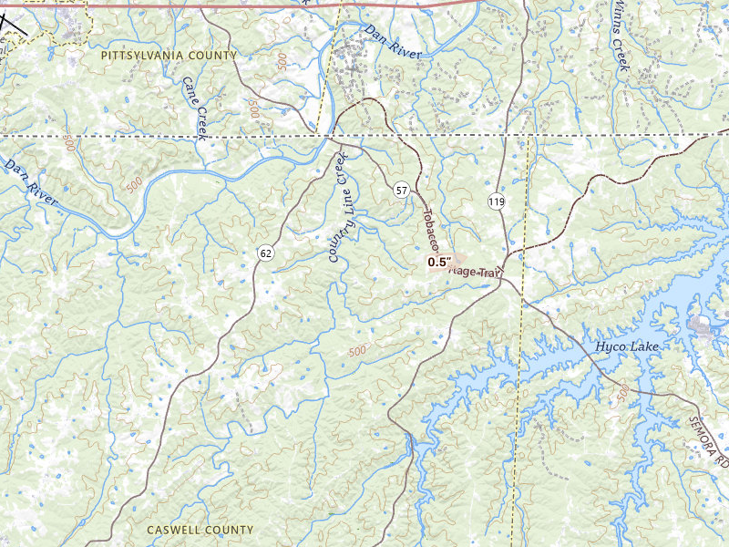 Radar-estimated hail-size map of the storm over Milton, NC on Aug 8, 2026