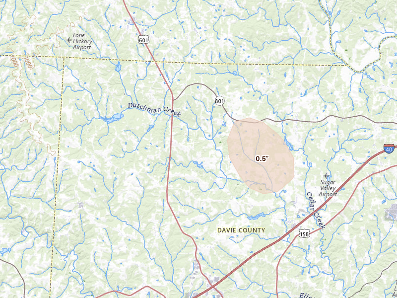 Radar-estimated hail-size map of the storm over Mocksville, NC on Jul 6, 2026