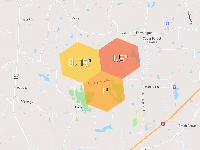 Hail map of Mocksville, NC on Jul 6, 2026, hail up to 1.5"