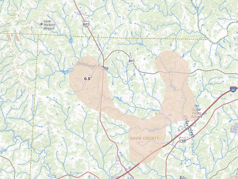 Radar-estimated hail-size map of the storm over Mocksville, NC on Aug 11, 2026