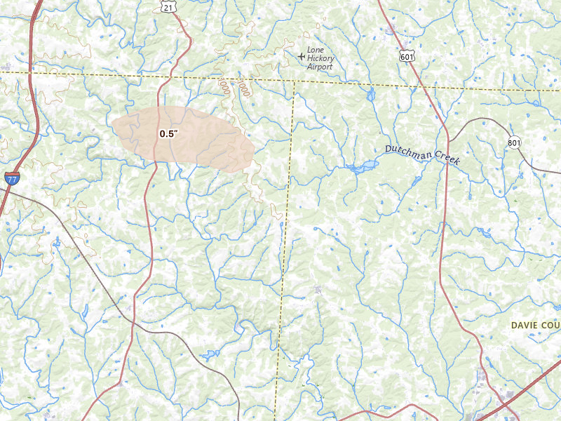 Radar-estimated hail-size map of the storm over Mocksville, NC on Aug 28, 2026