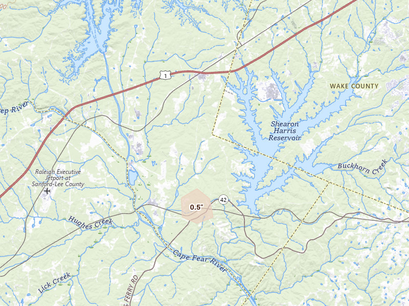 Radar-estimated hail-size map of the storm over Moncure, NC on Jun 27, 2026