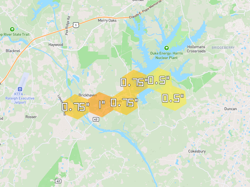Hail map of Moncure, NC on Jun 27, 2026, hail up to 1"