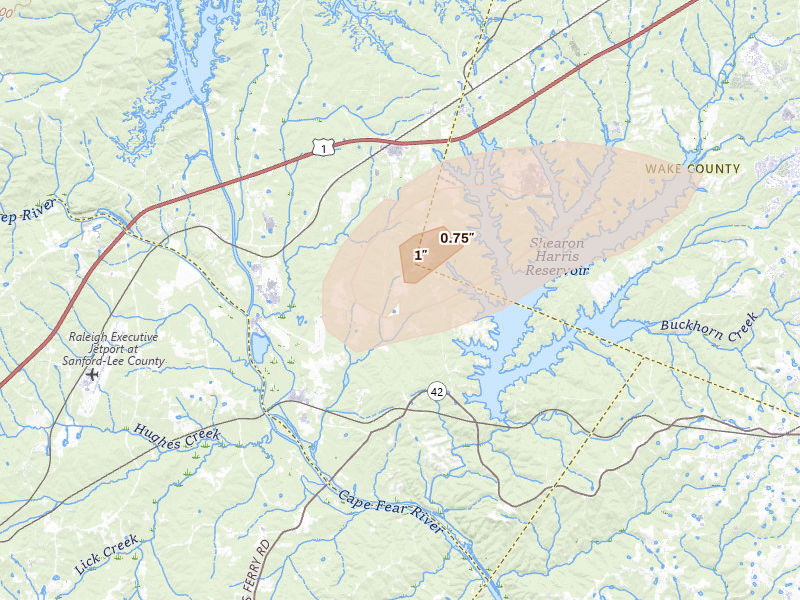 Radar-estimated hail-size map of the storm over Moncure, NC on Jul 8, 2026