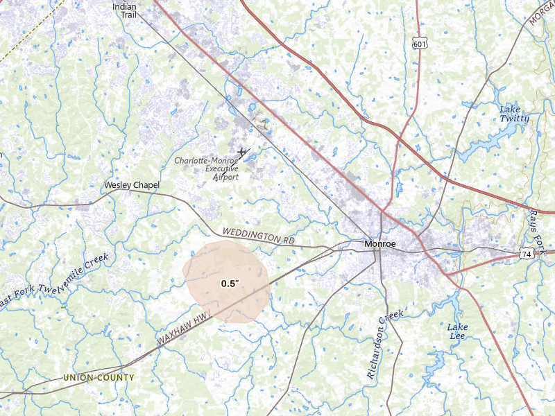Radar-estimated hail-size map of the storm over Monroe, NC on Aug 13, 2026