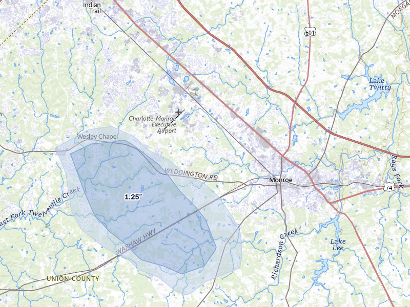 NEXRAD radar-signature map of the hail storm over Monroe, NC on Aug 13, 2026