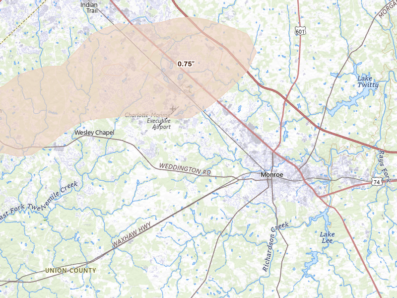 Radar-estimated hail-size map of the storm over Monroe, NC on Aug 21, 2026