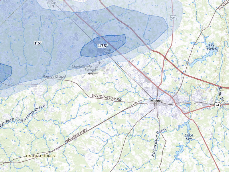 NEXRAD radar-signature map of the hail storm over Monroe, NC on Aug 21, 2026