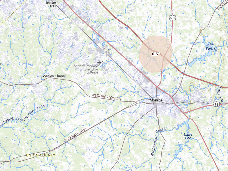 Radar-estimated hail-size map of the storm over Monroe, NC on Aug 28, 2026