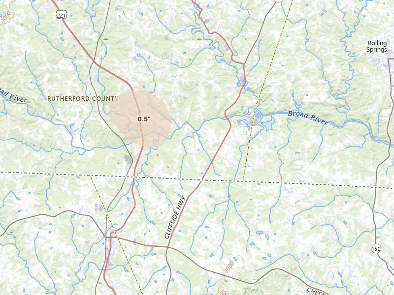 Radar-estimated hail-size map of the storm over Mooresboro, NC on Jun 29, 2026