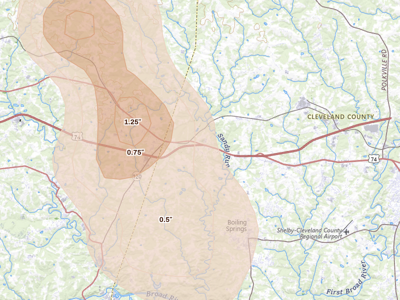 Radar-estimated hail-size map of the storm over Mooresboro, NC on Aug 11, 2026