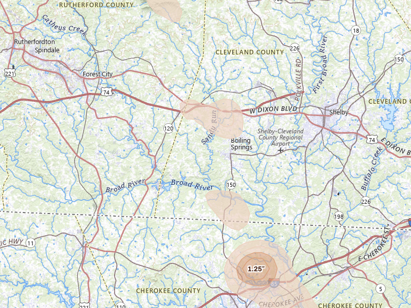Radar-estimated hail-size map of the storm over Mooresboro, NC