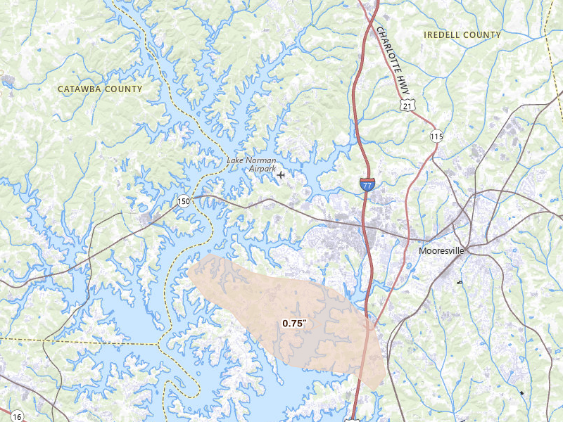 Radar-estimated hail-size map of the storm over Mooresville, NC on Jul 28, 2026