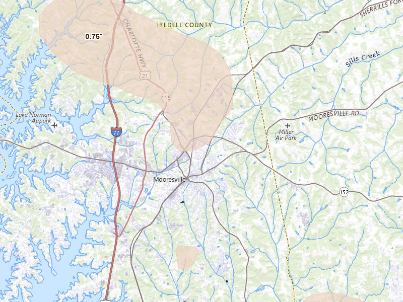 Radar-estimated hail-size map of the storm over Mooresville, NC