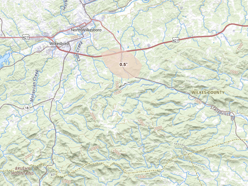Radar-estimated hail-size map of the storm over Moravian Falls, NC on Jul 19, 2026