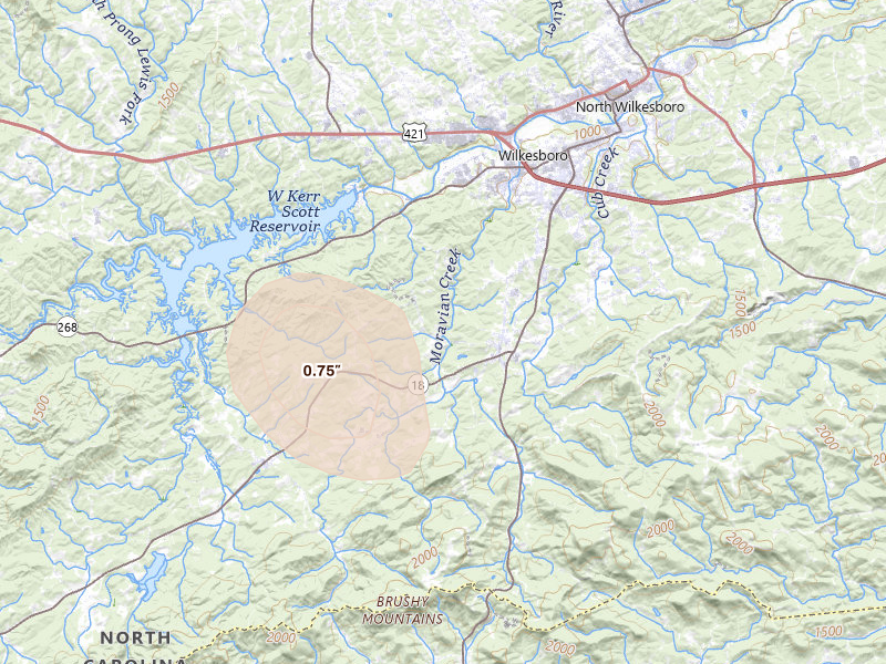 Radar-estimated hail-size map of the storm over Moravian Falls, NC on Aug 14, 2026