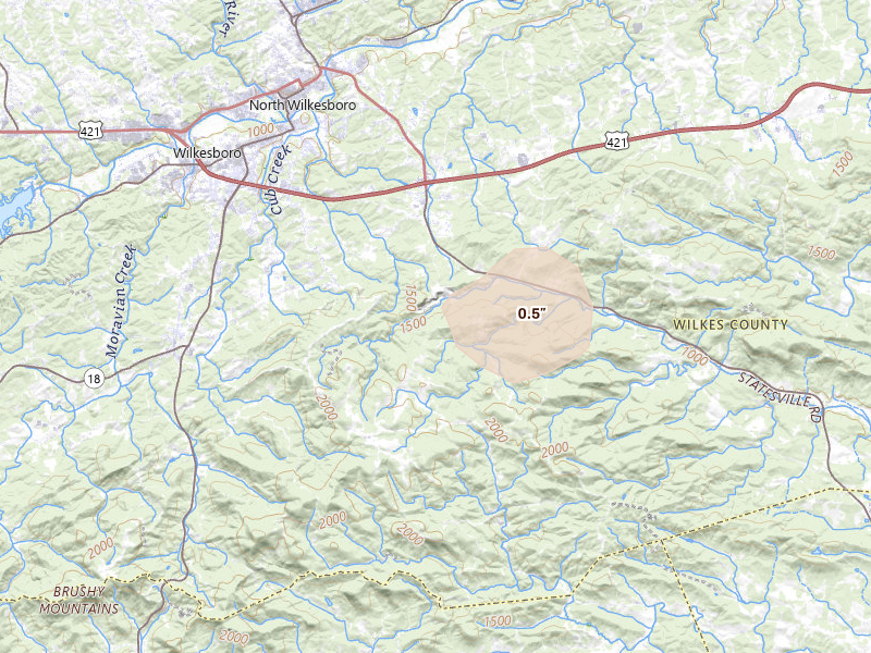 Radar-estimated hail-size map of the storm over Moravian Falls, NC on Aug 15, 2026