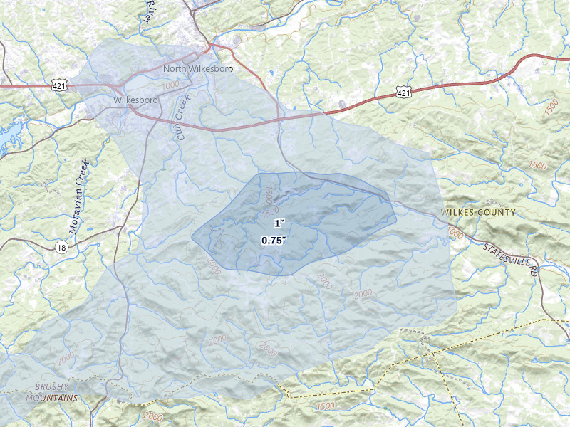 NEXRAD radar-signature map of the hail storm over Moravian Falls, NC on Aug 15, 2026