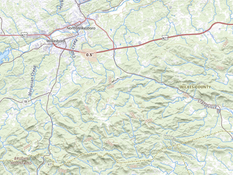 Radar-estimated hail-size map of the storm over Moravian Falls, NC on Aug 22, 2026