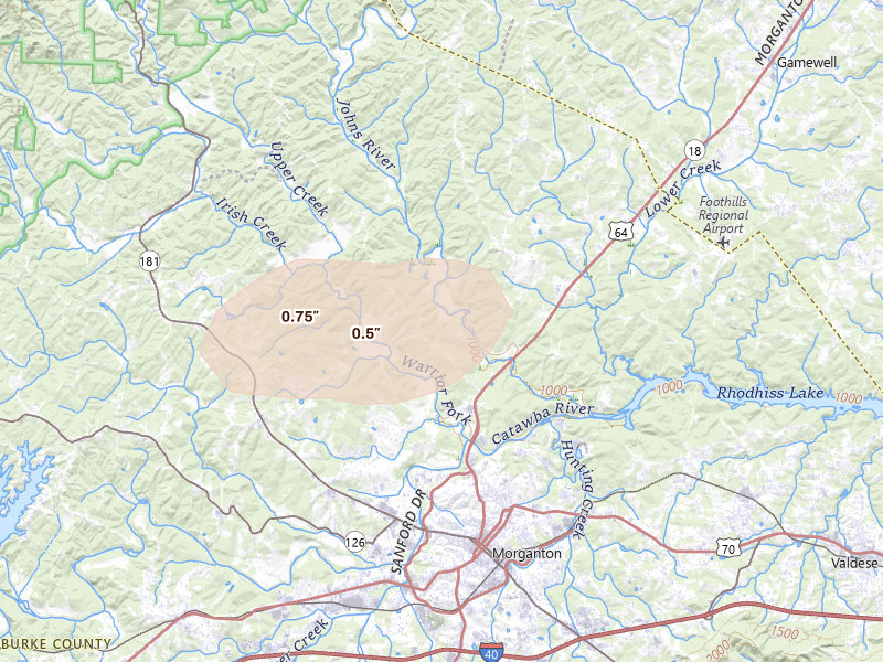 Radar-estimated hail-size map of the storm over Morganton, NC on Aug 16, 2026