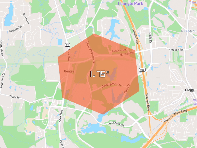 Hail map of Morrisville, NC on Jul 6, 2026, hail up to 1.75"