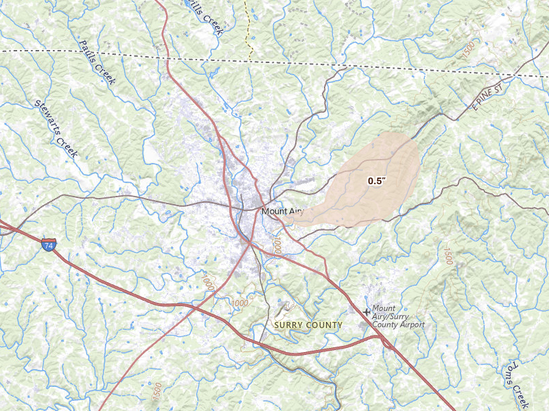 Radar-estimated hail-size map of the storm over Mount Airy, NC on Jun 10, 2026