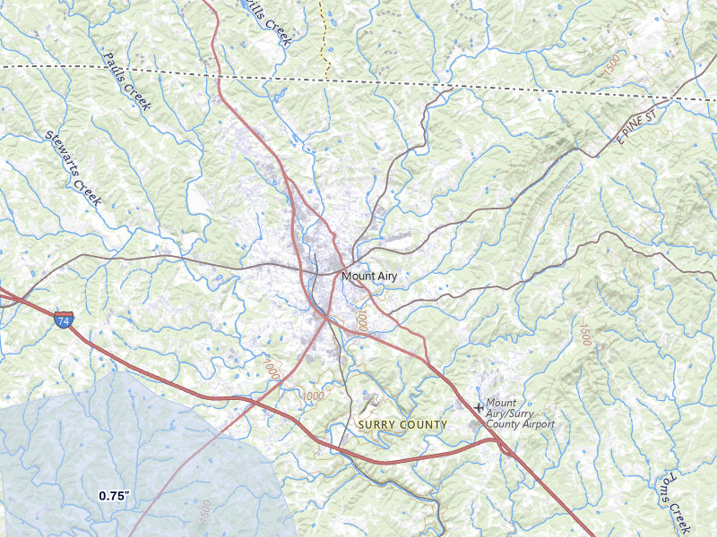 NEXRAD radar-signature map of the hail over Mount Airy, NC